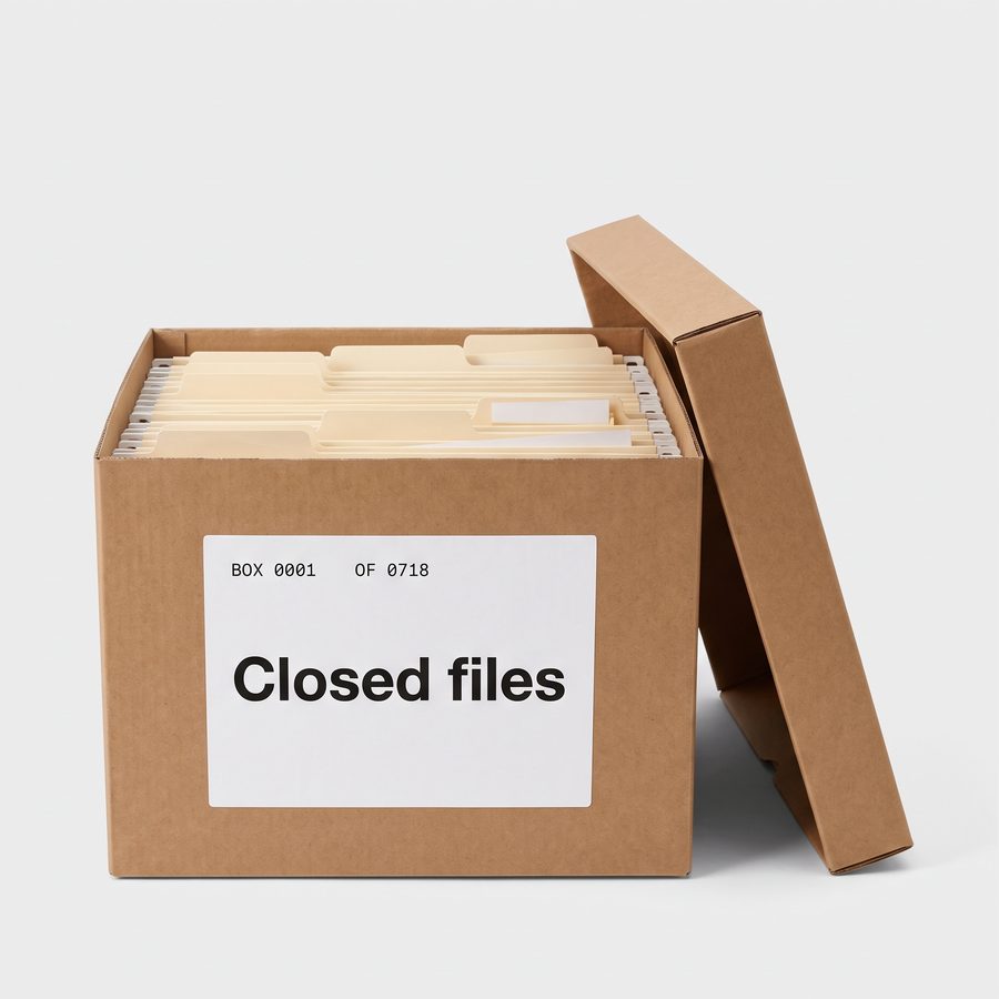 File box labeled Box 0001 of 0718, Closed files, filled with manila folders