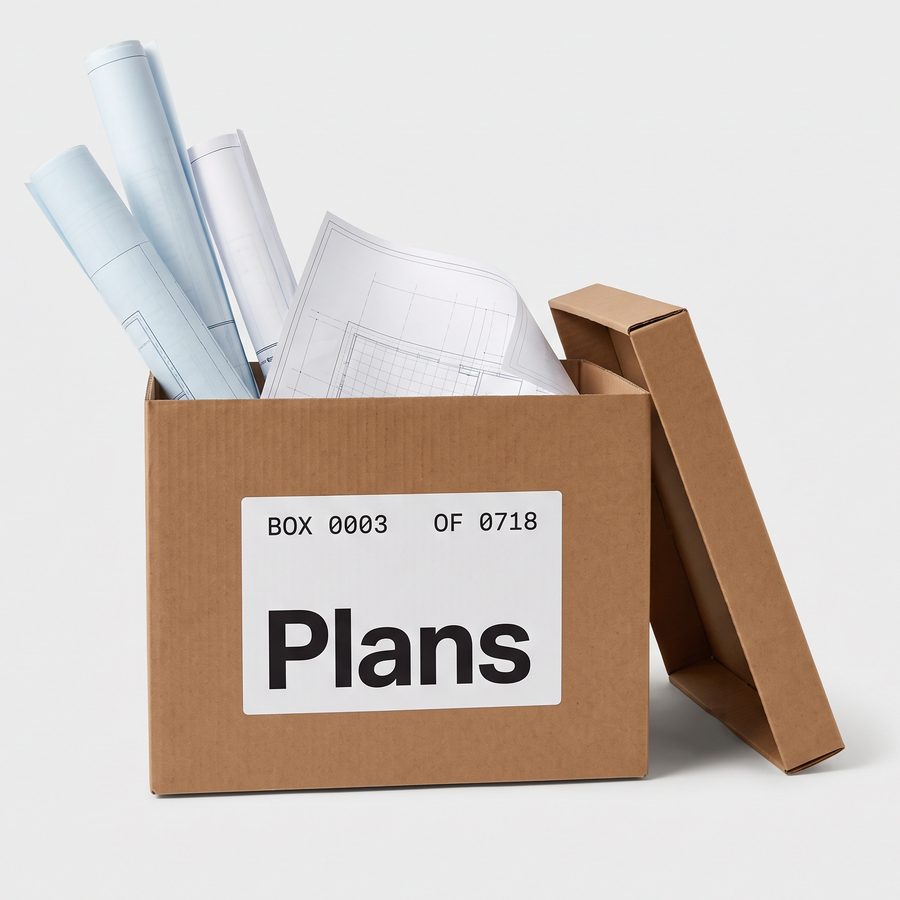 File box labeled Box 0003 of 0718, Plans, holding rolled blueprints